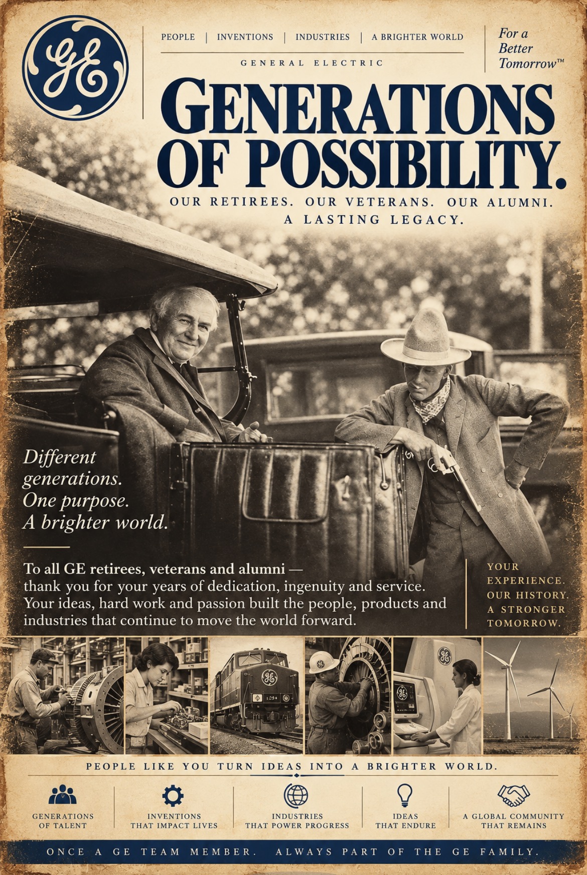 People | Inventions | Industries | A brighter world. General Electric. For a Better Tomorrow™. Generations of possibility. Our retirees. Our veterans. Our alumni. A lasting legacy. Different generations. One purpose. A brighter world. To all GE retirees, veterans and alumni — thank you for your years of dedication, ingenuity and service. Your ideas, hard work and passion built the people, products and industries that continue to move the world forward. Your experience. Our history. A stronger tomorrow. People like you turn ideas into a brighter world. Generations of talent. Inventions that impact lives. Industries that power progress. Ideas that endure. A global community that remains. Once a GE team member. Always part of the GE family.