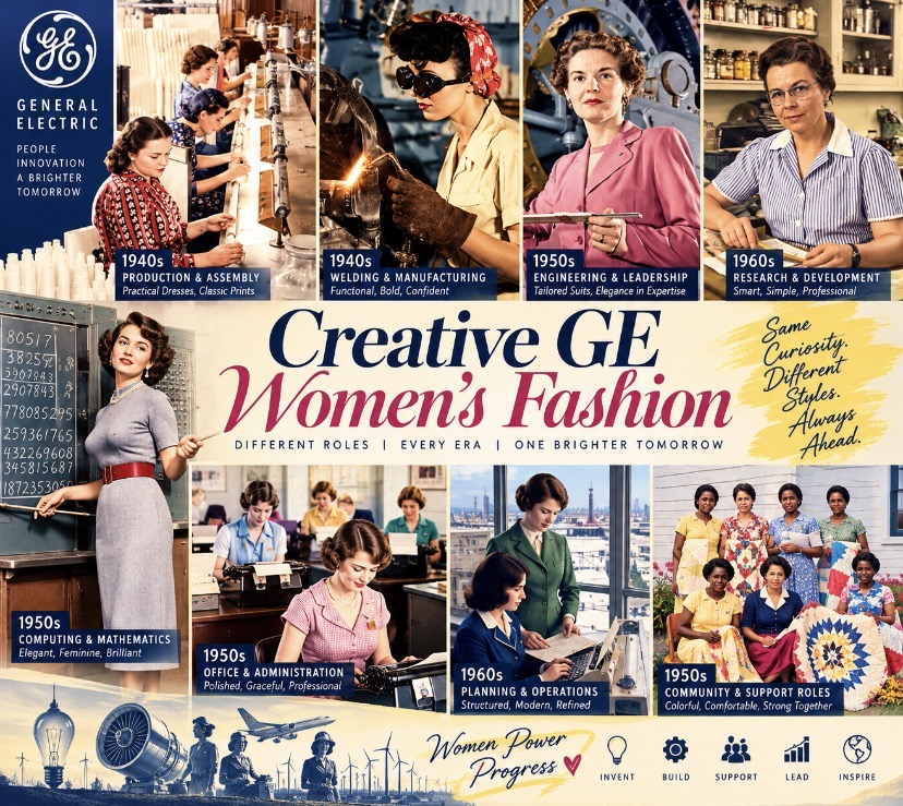 General Electric. People. Innovation. A brighter tomorrow. Creative GE Women’s Fashion. Different roles | Every era | One brighter tomorrow. Same Curiosity. Different Styles. Always Ahead. 1940s — Production & Assembly: Practical Dresses, Classic Prints. 1940s — Welding & Manufacturing: Functional, Bold, Confident. 1950s — Engineering & Leadership: Tailored Suits, Elegance in Expertise. 1960s — Research & Development: Smart, Simple, Professional. 1950s — Computing & Mathematics: Elegant, Feminine, Brilliant. 1950s — Office & Administration: Polished, Graceful, Professional. 1960s — Planning & Operations: Structured, Modern, Refined. 1950s — Community & Support Roles: Colorful, Comfortable, Strong Together. Women Power Progress. Invent | Build | Support | Lead | Inspire.