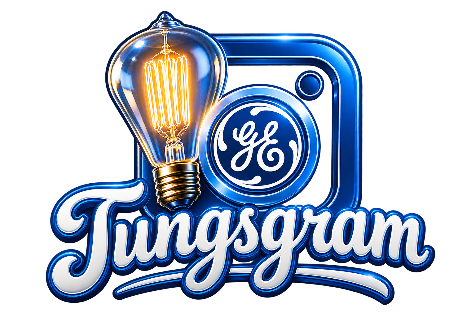 Creative artwork: a Tungsgram badge combining the GE Monogram, an Edison bulb and an Instagram-style frame