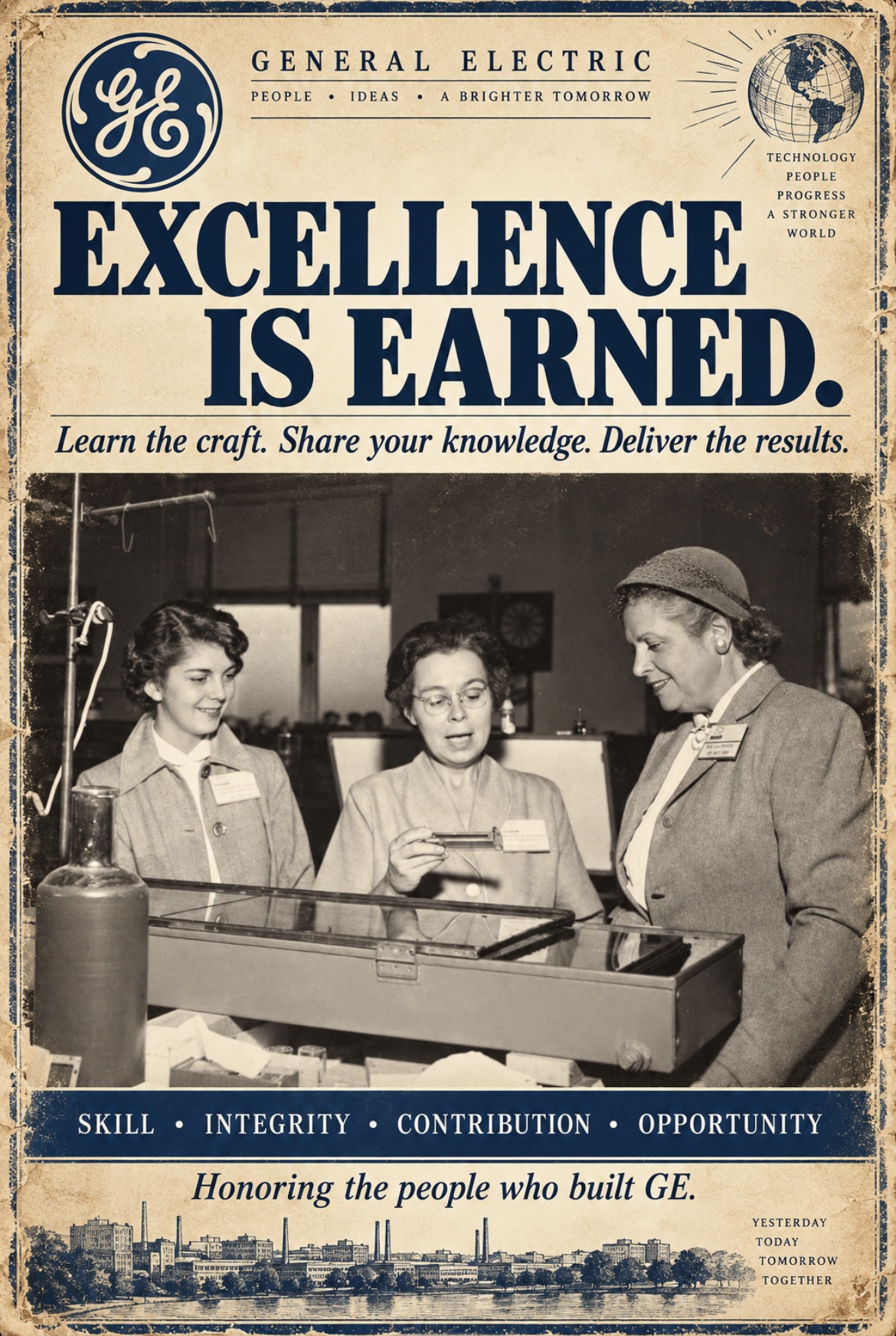 General Electric — People • Ideas • A brighter tomorrow. Technology. People. Progress. A stronger world. Excellence is earned. Learn the craft. Share your knowledge. Deliver the results. Skill • Integrity • Contribution • Opportunity. Honoring the people who built GE. Yesterday. Today. Tomorrow. Together.