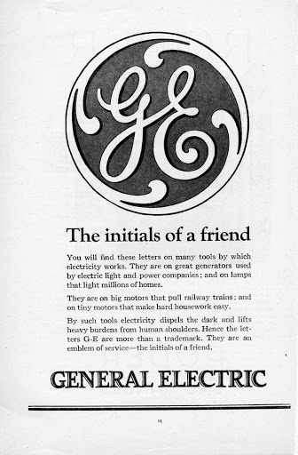 Original GE advertisement reproduced in GE’s monogram history; the black-and-white logo is shown in its complete period context