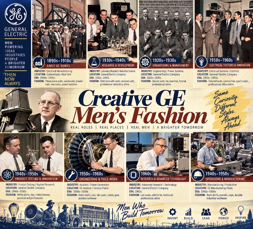 General Electric. Men powering ideas, industries, people, a brighter tomorrow. Then. Now. Always. Creative GE Men’s Fashion. Real roles | Real places | Real men | A brighter tomorrow. Same Curiosity. Different Styles. Always Ahead. 1890s–1910s — Early GE Works. Industry: Electrical Manufacturing. Location: Schenectady, New York. Era: 1890s–1910s. Fashion: Three-piece suits, waistcoats, bowler hats, overcoats, pocket watches. 1930s–1940s — Research & Development. Industry: Laboratory Research / Industrial Science. Location: General Electric Company. Era: 1930s–1940s. Fashion: Shirt & tie with vests, tailored suits, professional laboratory attire. 1920s–1930s — Engineering & Management. Industry: Engineering / Power Systems. Location: General Electric Company. Era: 1920s–1930s. Fashion: Classic suits, tie, bow ties, formal professional attire. 1950s–1960s — Electrical Systems & Innovation. Industry: Electrical Systems / Controls. Location: General Electric Company. Era: 1950s–1960s. Fashion: Tailored suits, narrow ties, sport coats, professional office attire. 1940s–1950s — Product Testing & Innovation. Industry: Product Testing / Applied Research. Location: General Electric Company. Era: 1940s–1950s. Fashion: White shirts, ties, rolled sleeves, practical and polished. 1950s–1960s — Engineering & Field Work. Industry: Aviation / Power Generation. Location: GE Aviation / Various Plants. Era: 1930s–1950s. Fashion: Work shirts, ties, lab coats, safety gear, practical workwear. 1960s — Research & Advanced Technology. Industry: Advanced Research / Technology. Location: General Electric Company. Era: 1960s. Fashion: Lab coats, shirt & tie, technical professional attire. 1940s–1950s — Operations & Manufacturing. Industry: Manufacturing / Production. Location: GE Manufacturing Plants. Era: 1940s–1950s. Fashion: Work shirts, overalls, caps, durable industrial workwear. Men Who Build Tomorrow. Invent | Build | Lead | Power | Inspire.