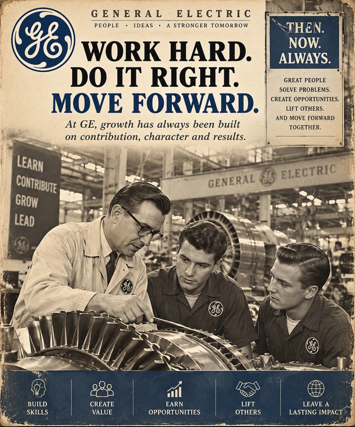 General Electric — People • Ideas • A stronger tomorrow. Work hard. Do it right. Move forward. At GE, growth has always been built on contribution, character and results. Then. Now. Always. Great people solve problems. Create opportunities. Lift others. And move forward together. Learn. Contribute. Grow. Lead. Build skills. Create value. Earn opportunities. Lift others. Leave a lasting impact.