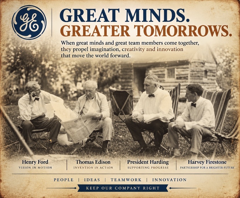 Great minds. Greater tomorrows. When great minds and great team members come together, they propel imagination, creativity and innovation that move the world forward. Henry Ford — Vision in motion. Thomas Edison — Invention in action. President Harding — Supporting progress. Harvey Firestone — Partnership for a brighter future. People | Ideas | Teamwork | Innovation. Keep our company right.