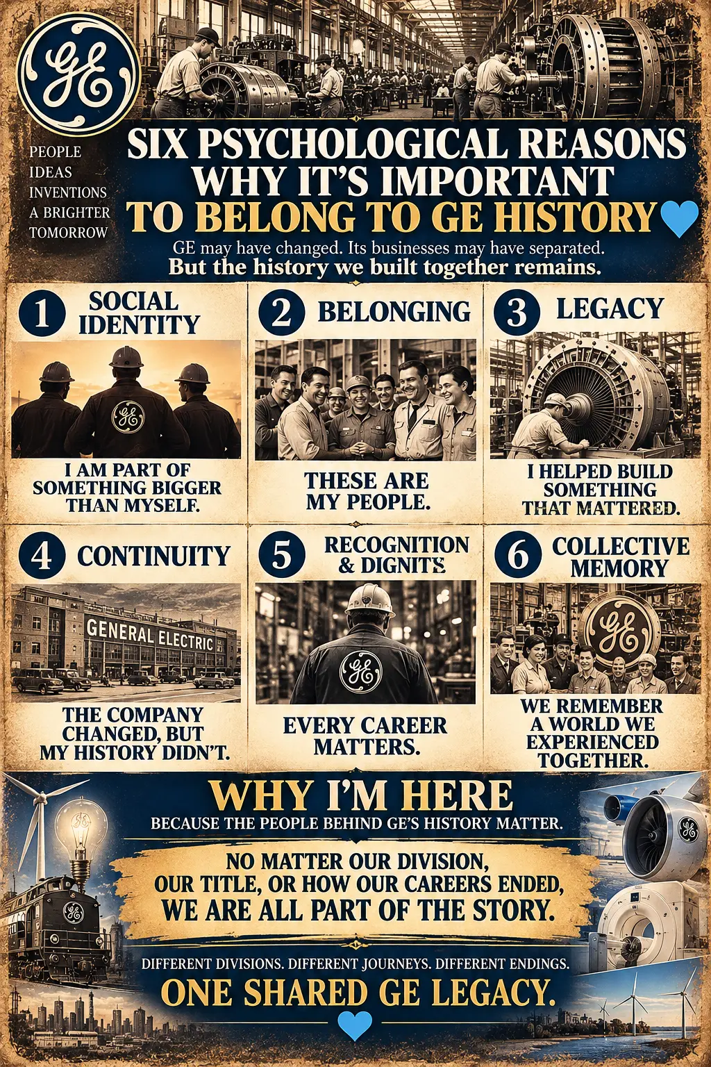 Poster: Six Psychological Reasons Why It's Important to Belong to GE History — six panels on social identity, belonging, legacy, continuity, recognition and dignity, and collective memory, above a collage of GE technologies from the light bulb to wind, aviation and medical imaging
