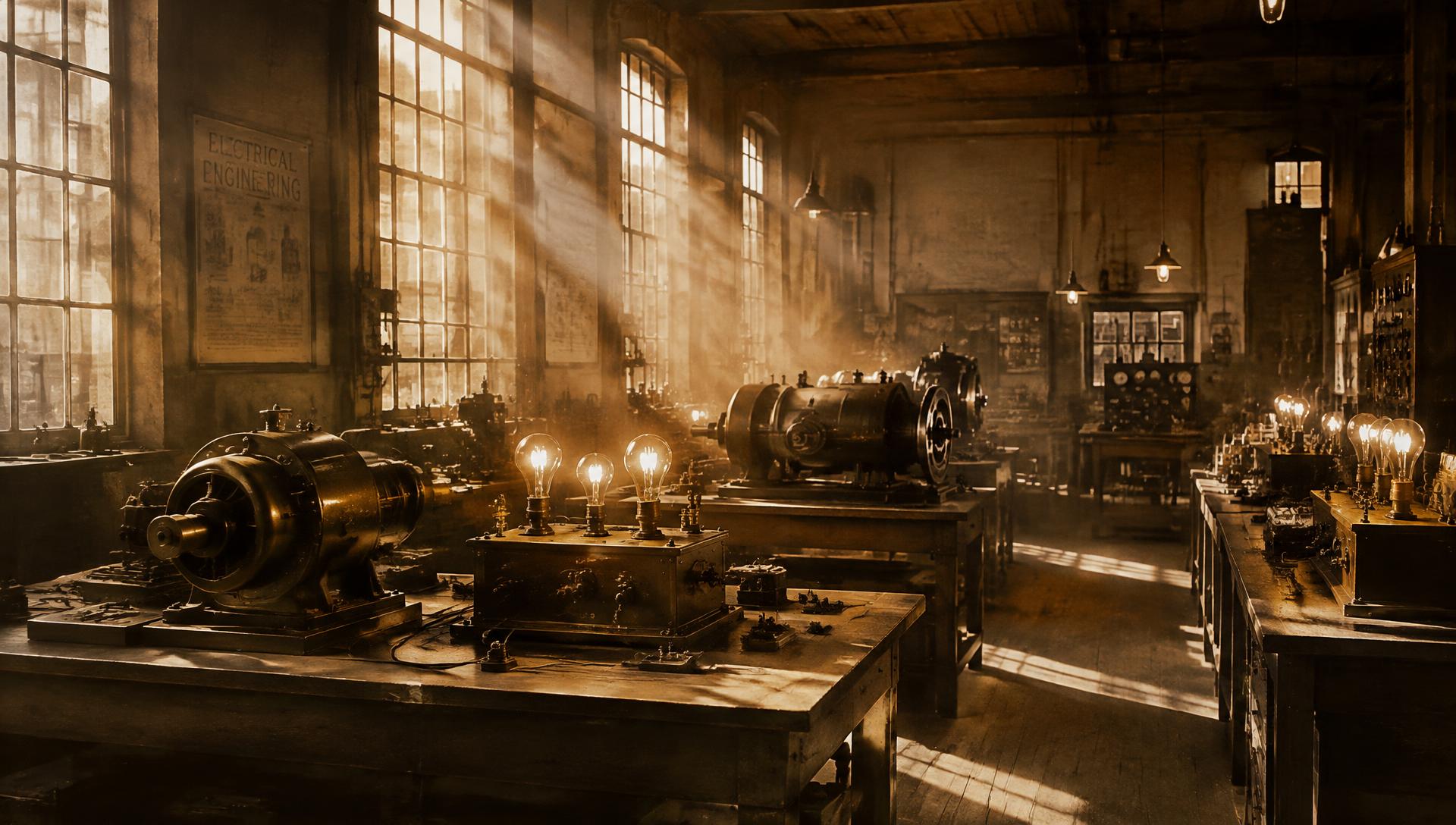 Early electrical engineering laboratory with dynamos and glowing filament lamps (artistic recreation)