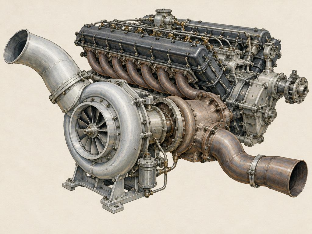 Representative illustration for GE Moss turbosupercharger · Packard Liberty engine; not the exact model