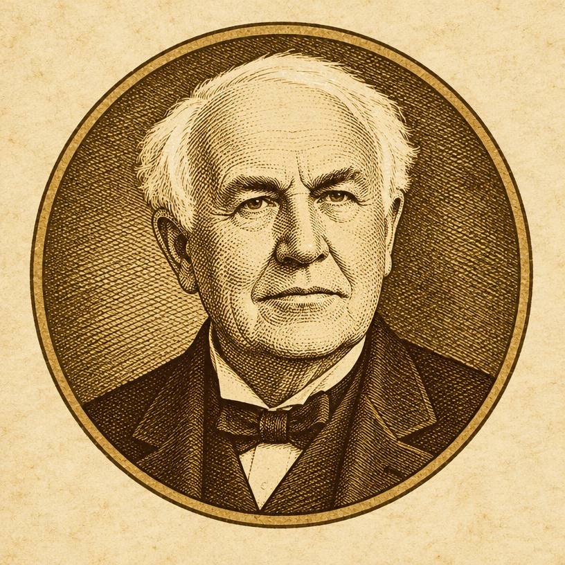 Drawn portrait medallion of Thomas Edison, made for the village
