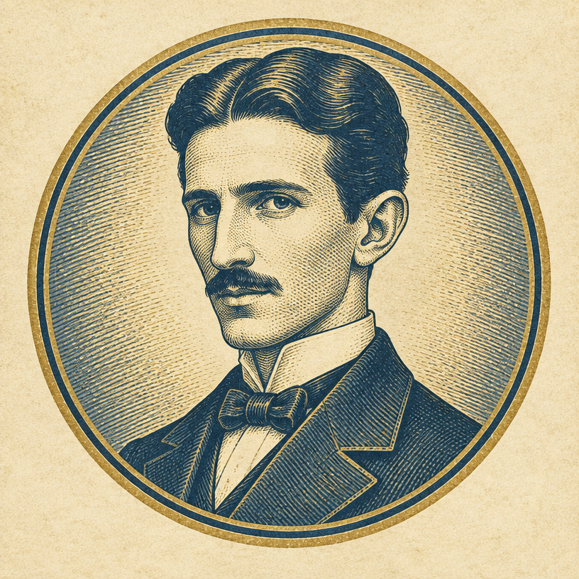 Drawn portrait medallion of Nikola Tesla, made for the village