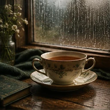 Creative vintage artwork: teacup beside a rain-streaked window