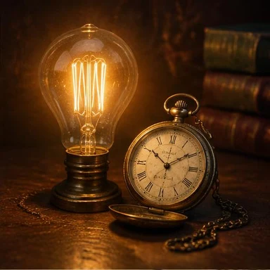 Creative vintage artwork: glowing bulb beside a pocket watch