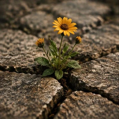 Creative vintage artwork: wildflower growing through cracked stone