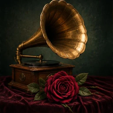 Creative vintage artwork: gramophone beside a rose