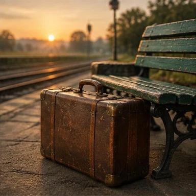 Creative vintage artwork: suitcase beside a railway bench