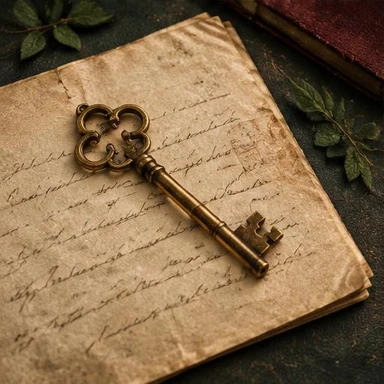 Creative vintage artwork: brass key on a letter