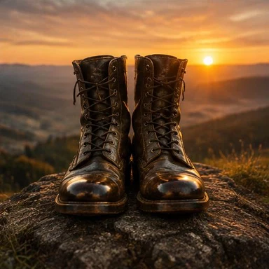 Creative vintage artwork: boots at dawn