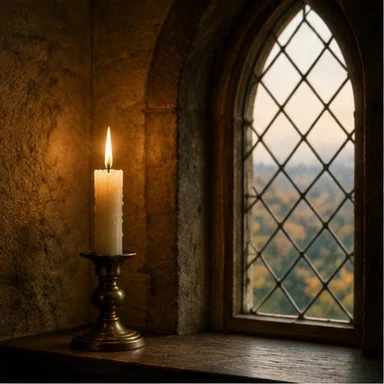 Creative vintage artwork: candle beside an arched window