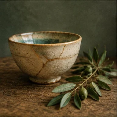 Creative vintage artwork: repaired bowl beside an olive twig