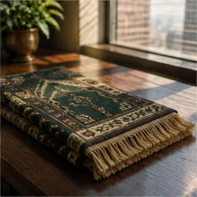 Creative vintage artwork: prayer mat beside an office window