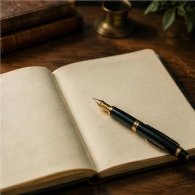 Creative vintage artwork: fountain pen and a blank notebook