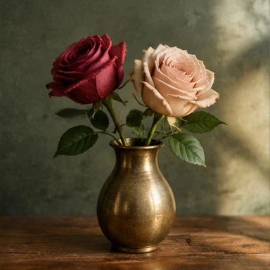 Creative vintage artwork: two roses sharing a vase