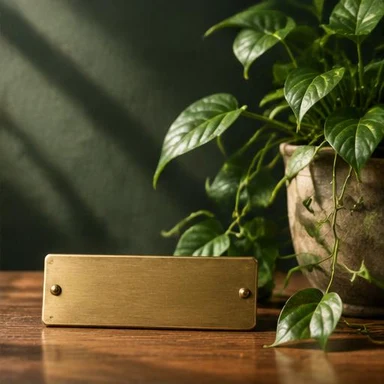Creative vintage artwork: blank nameplate beside a growing plant