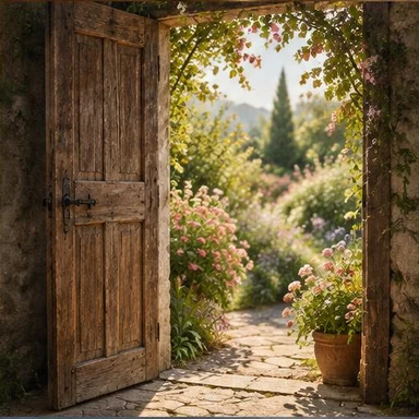 Creative vintage artwork: open door into a flowering garden