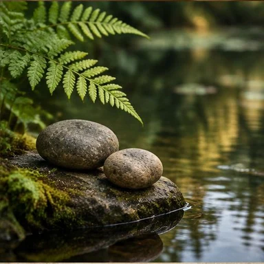 Creative vintage artwork: smooth stones beside a pond