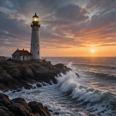 Creative vintage artwork: lighthouse beside a rough sea