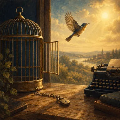 Creative vintage artwork: songbird flying free past an open brass birdcage